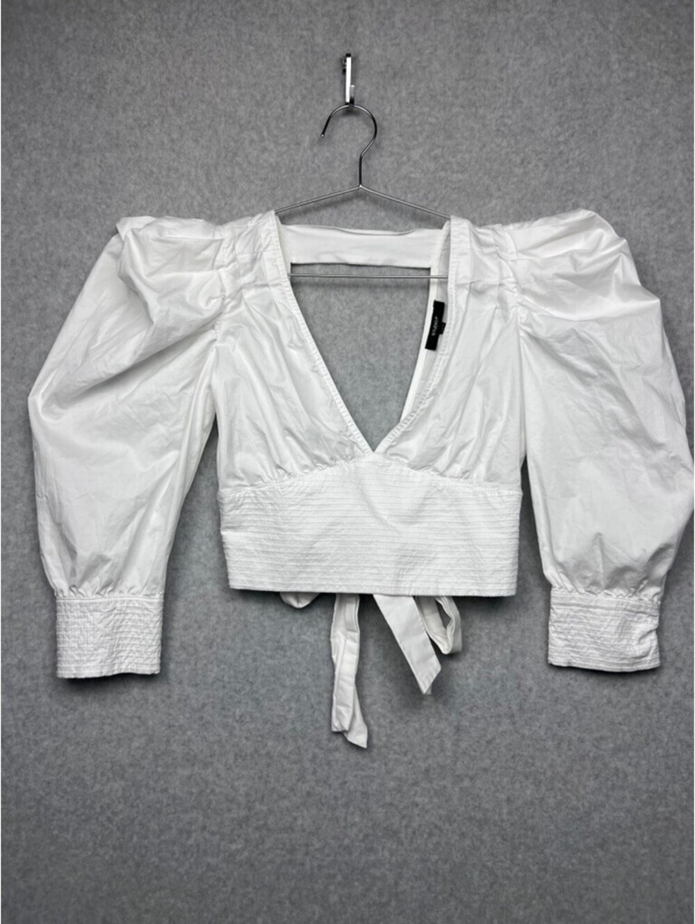 Studio F Poplin Puff Sleeve Crop Top XS Coquette Open Tie Back Blouse Shirt
